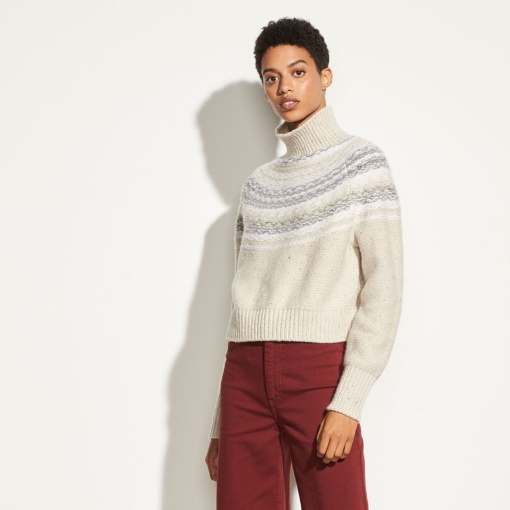 Vince Fair Isle Cropped Wool-Cashmere Turtleneck Sweater, Oatmeal